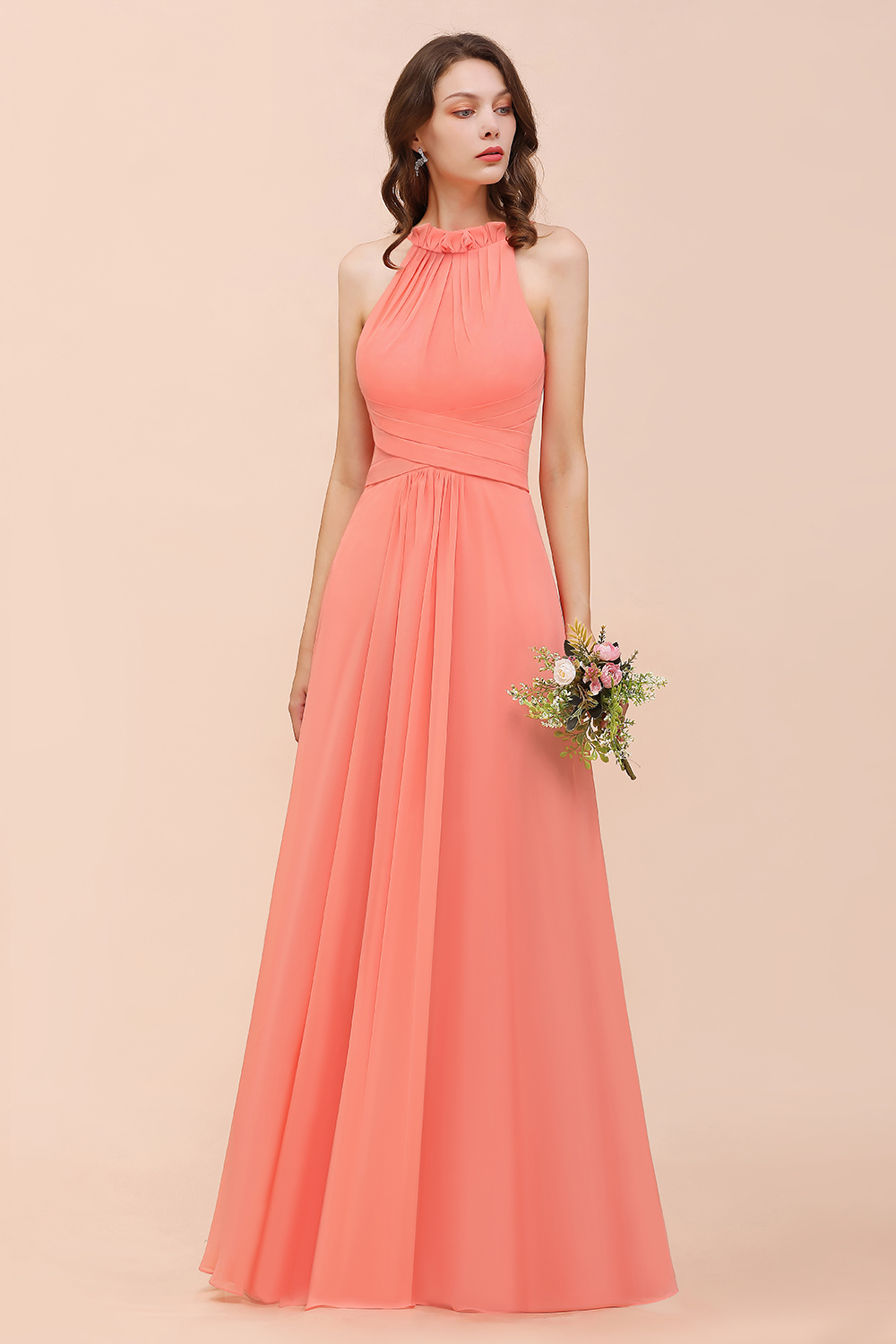 Charming Coral Chiffon Sleeveless A-Line Halter Floor-length Bridesmaid Dresses