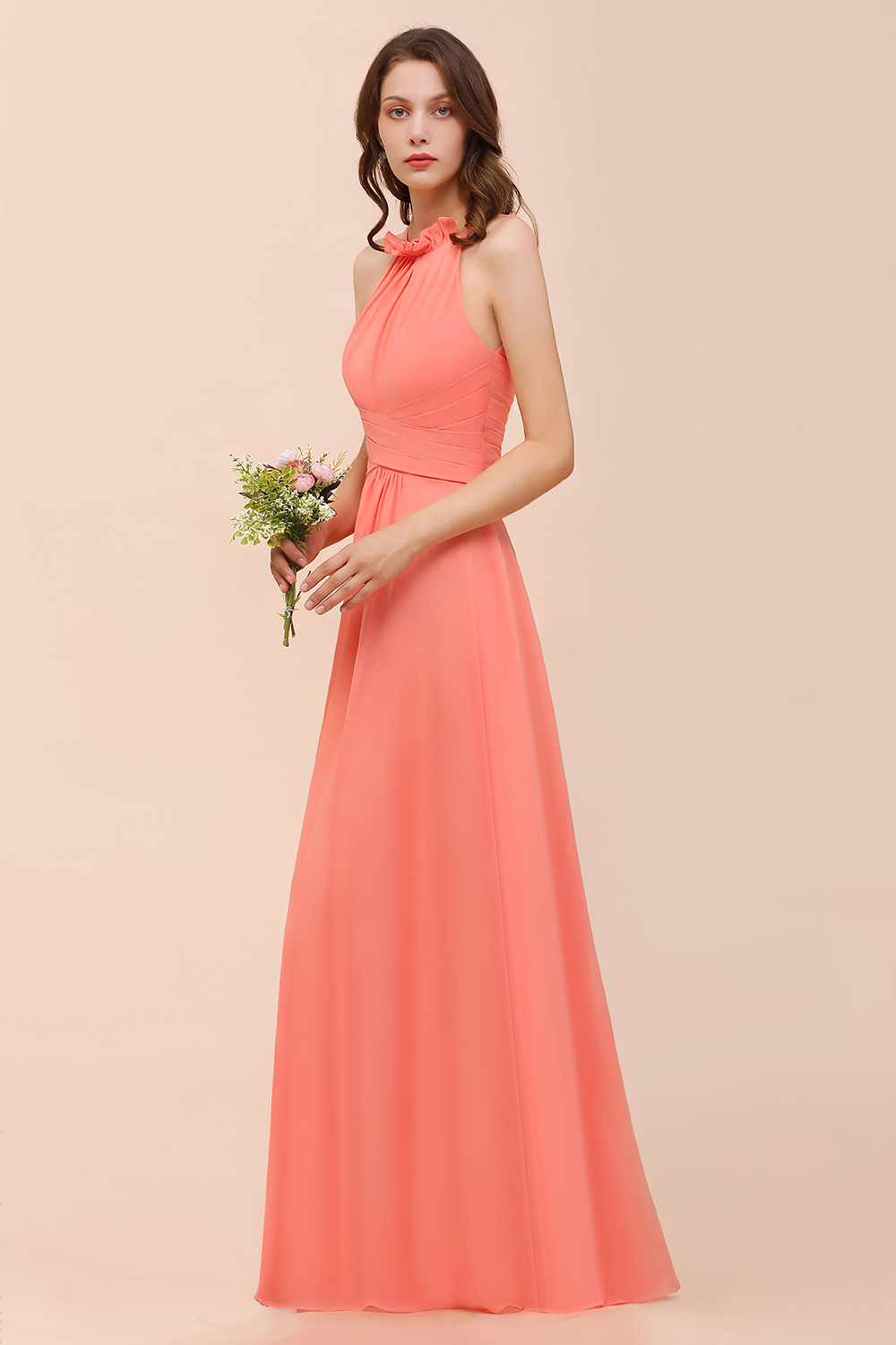 Charming Coral Chiffon Sleeveless A-Line Halter Floor-length Bridesmaid Dresses