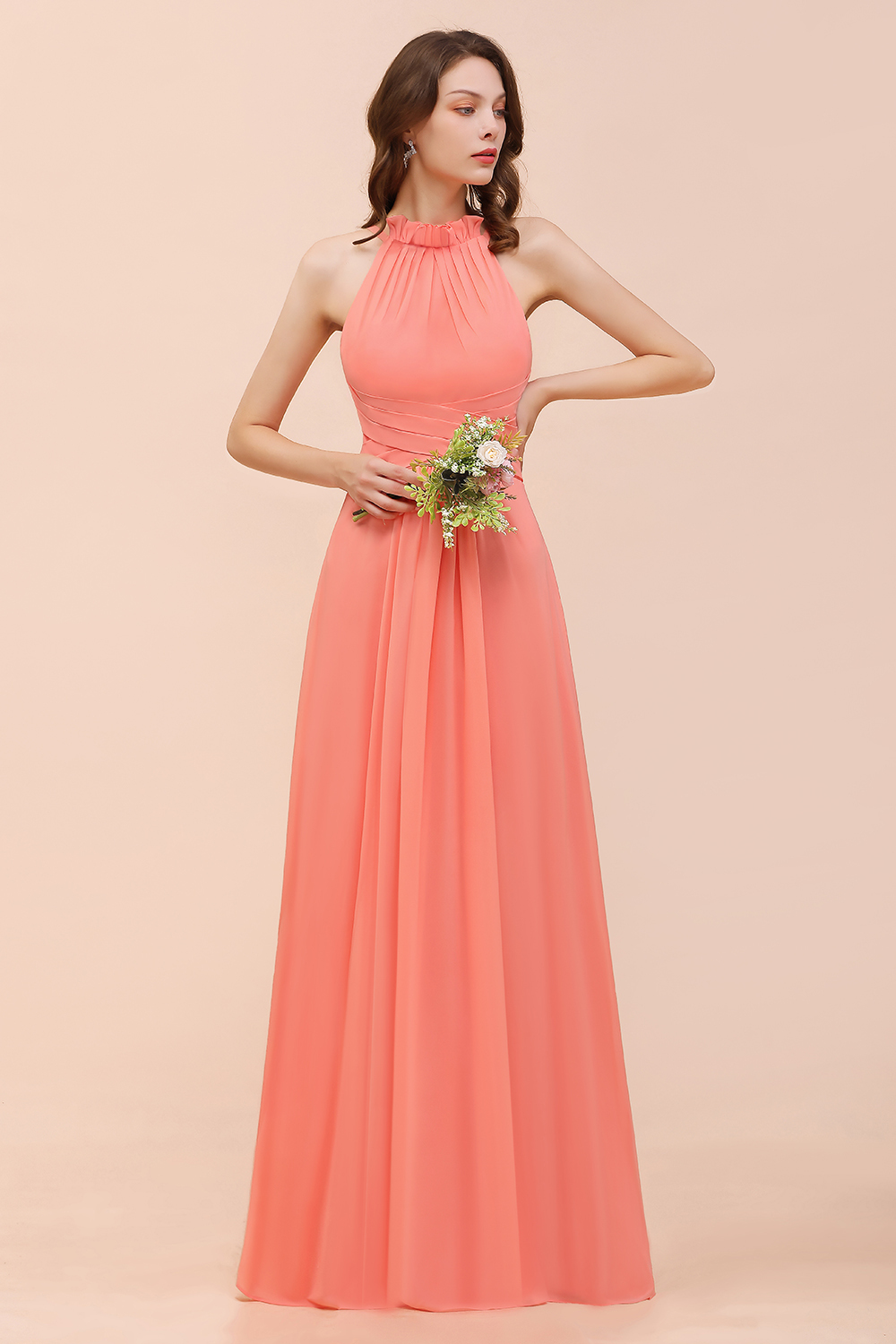 Charming Coral Chiffon Sleeveless A-Line Halter Floor-length Bridesmaid Dresses
