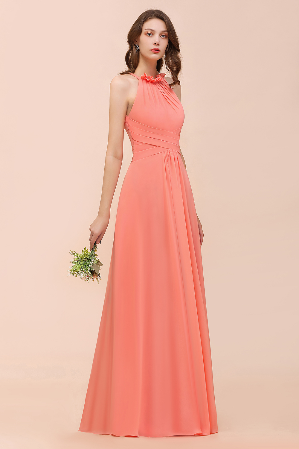 Charming Coral Chiffon Sleeveless A-Line Halter Floor-length Bridesmaid Dresses