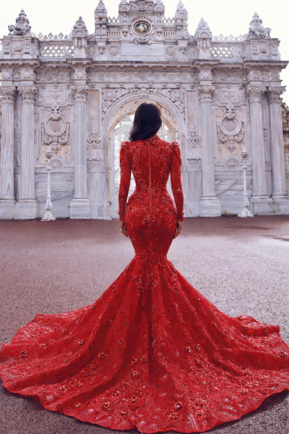 Charming High Neck Long Sleeves Appliques Mermaid Prom Dress