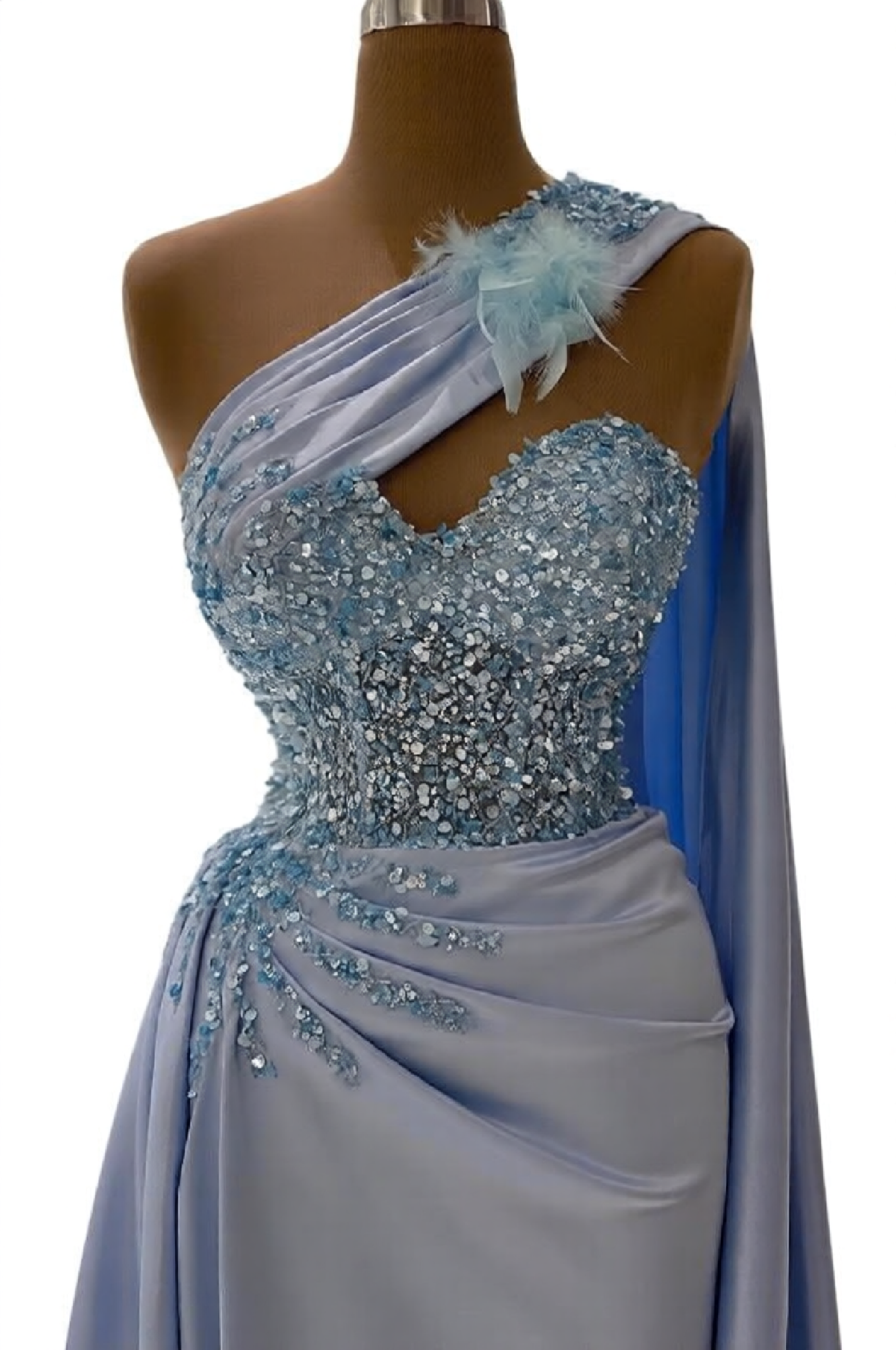 Charming Long Mermaid One Shoulder Satin Lace Prom Dress with Ruffles