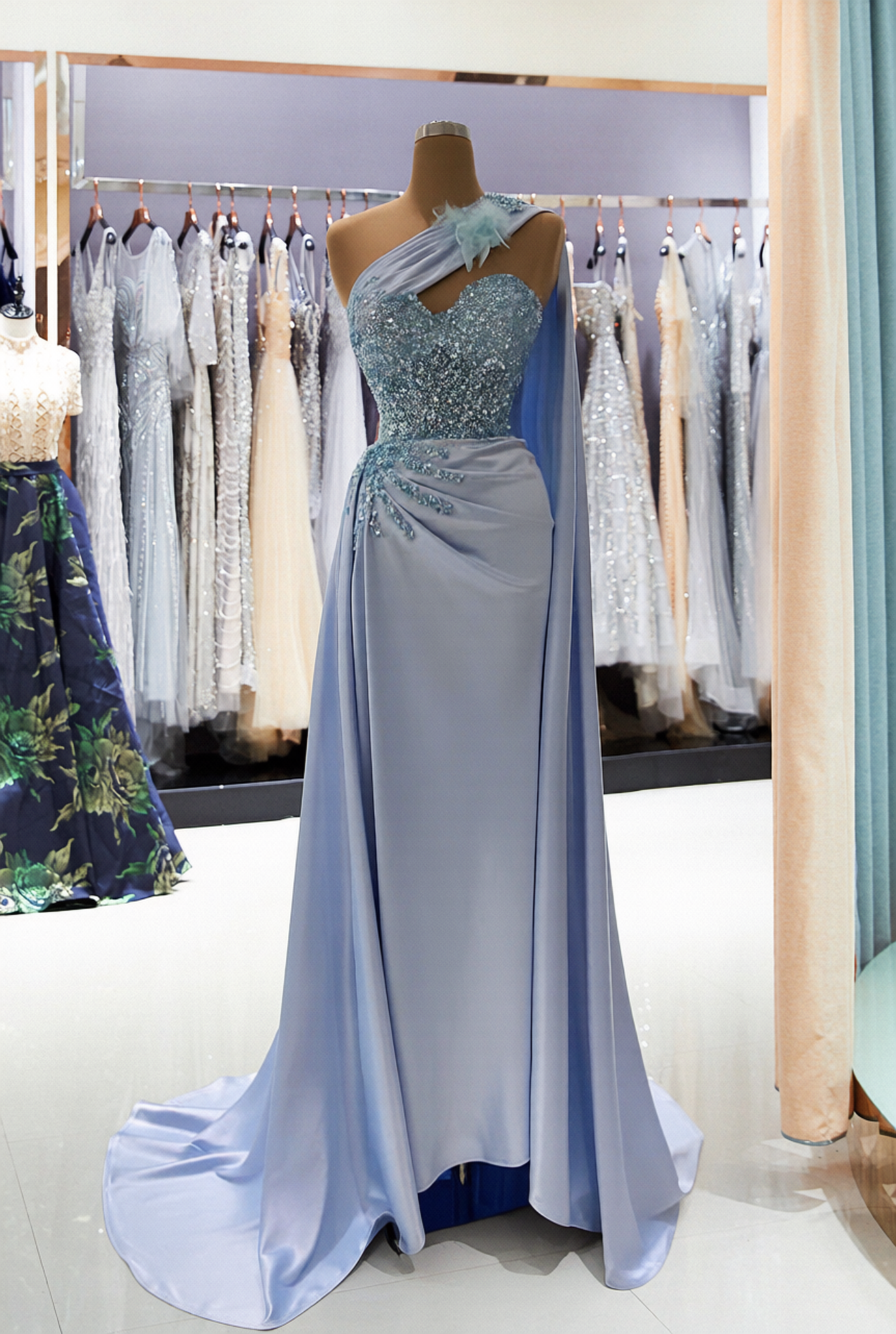 Charming Long Mermaid One Shoulder Satin Lace Prom Dress with Ruffles