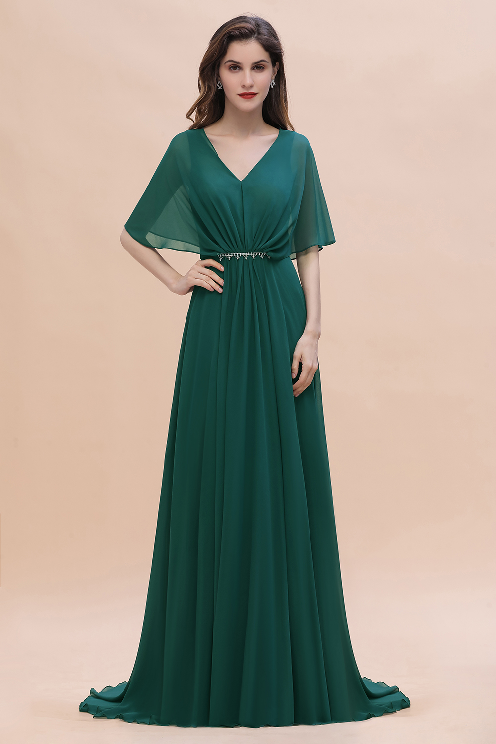 Charming V-neck Short Sleeve A-line Chiffon Bridesmaid Dress With Crystal Embellishment