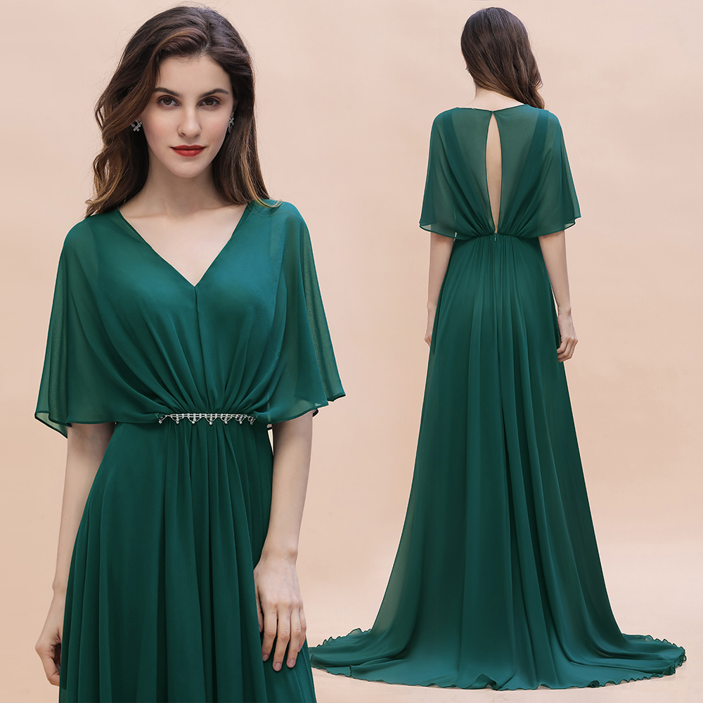 Charming V-neck Short Sleeve A-line Chiffon Bridesmaid Dress With Crystal Embellishment