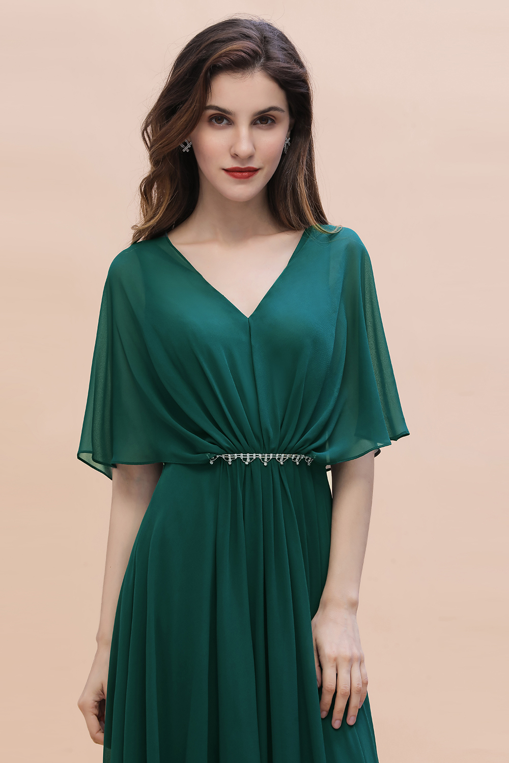 Charming V-neck Short Sleeve A-line Chiffon Bridesmaid Dress With Crystal Embellishment