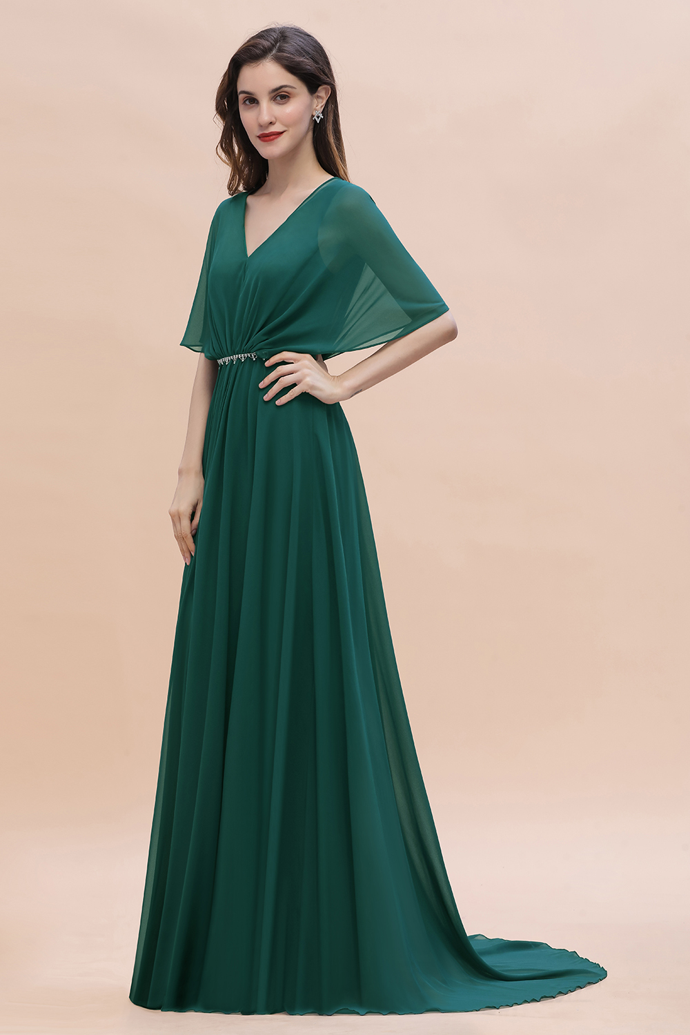 Charming V-neck Short Sleeve A-line Chiffon Bridesmaid Dress With Crystal Embellishment