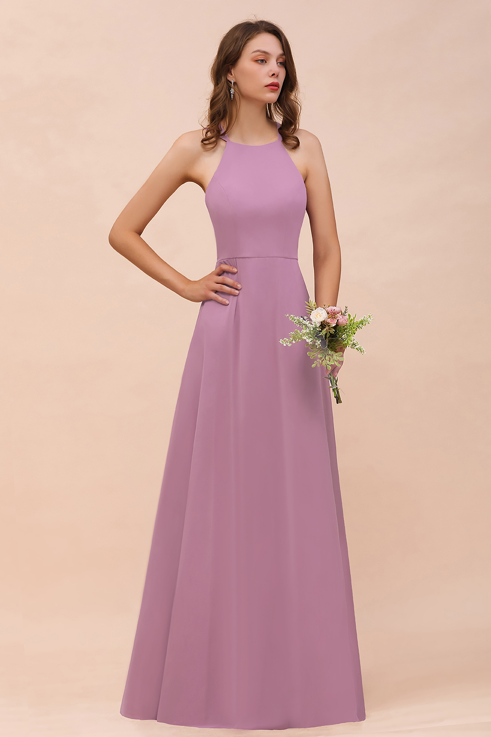 Chic Halter A-Line Chiffon Floor-length Open Back Bridesmaid Dresses