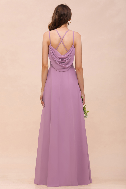 Chic Halter A-Line Chiffon Floor-length Open Back Bridesmaid Dresses