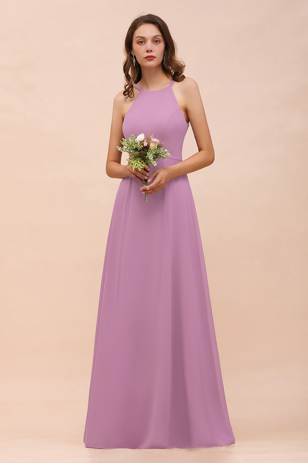 Chic Halter A-Line Chiffon Floor-length Open Back Bridesmaid Dresses