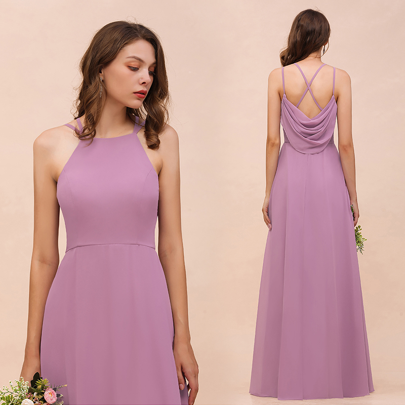 Chic Halter A-Line Chiffon Floor-length Open Back Bridesmaid Dresses