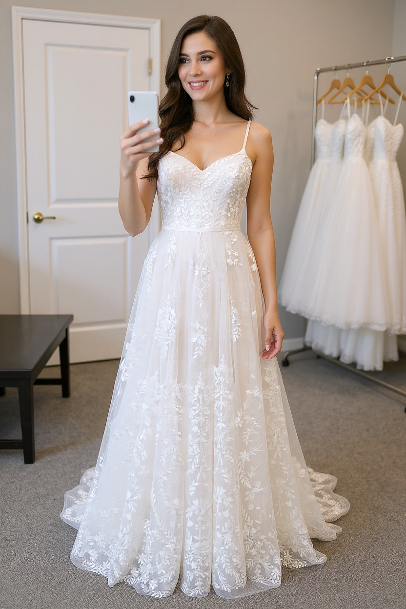 Chic Long A-line Spaghetti Strap Appliques Tulle Wedding Dress