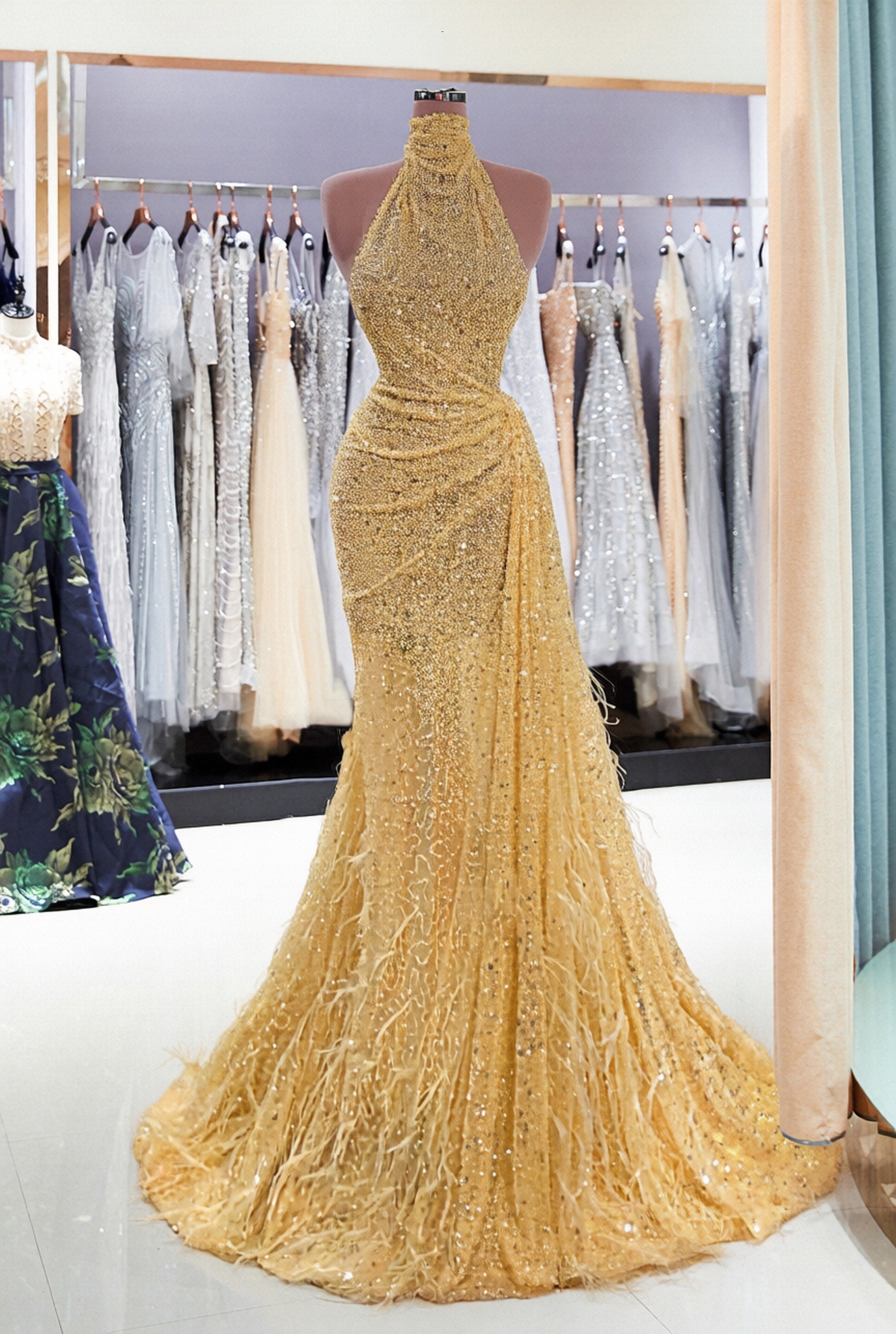 Chic Long Haler Sequin Mermaid Prom Dress with Feathers