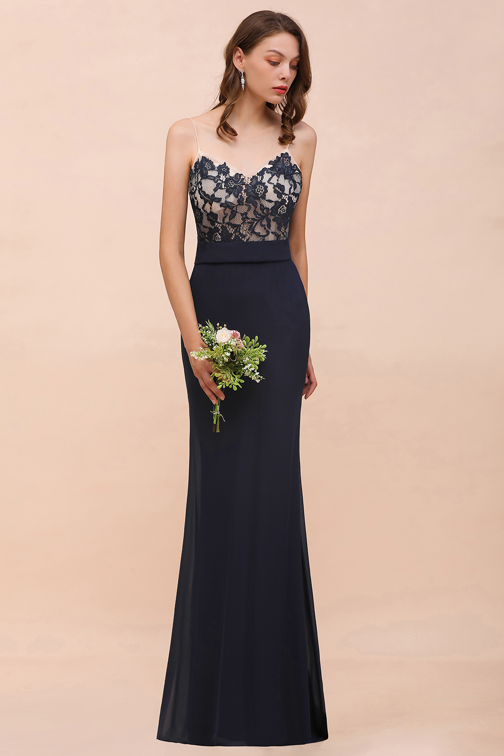 Chic Long Mermaid Spaghetti Straps Chiffon Dark Navy Bridesmaid Dress