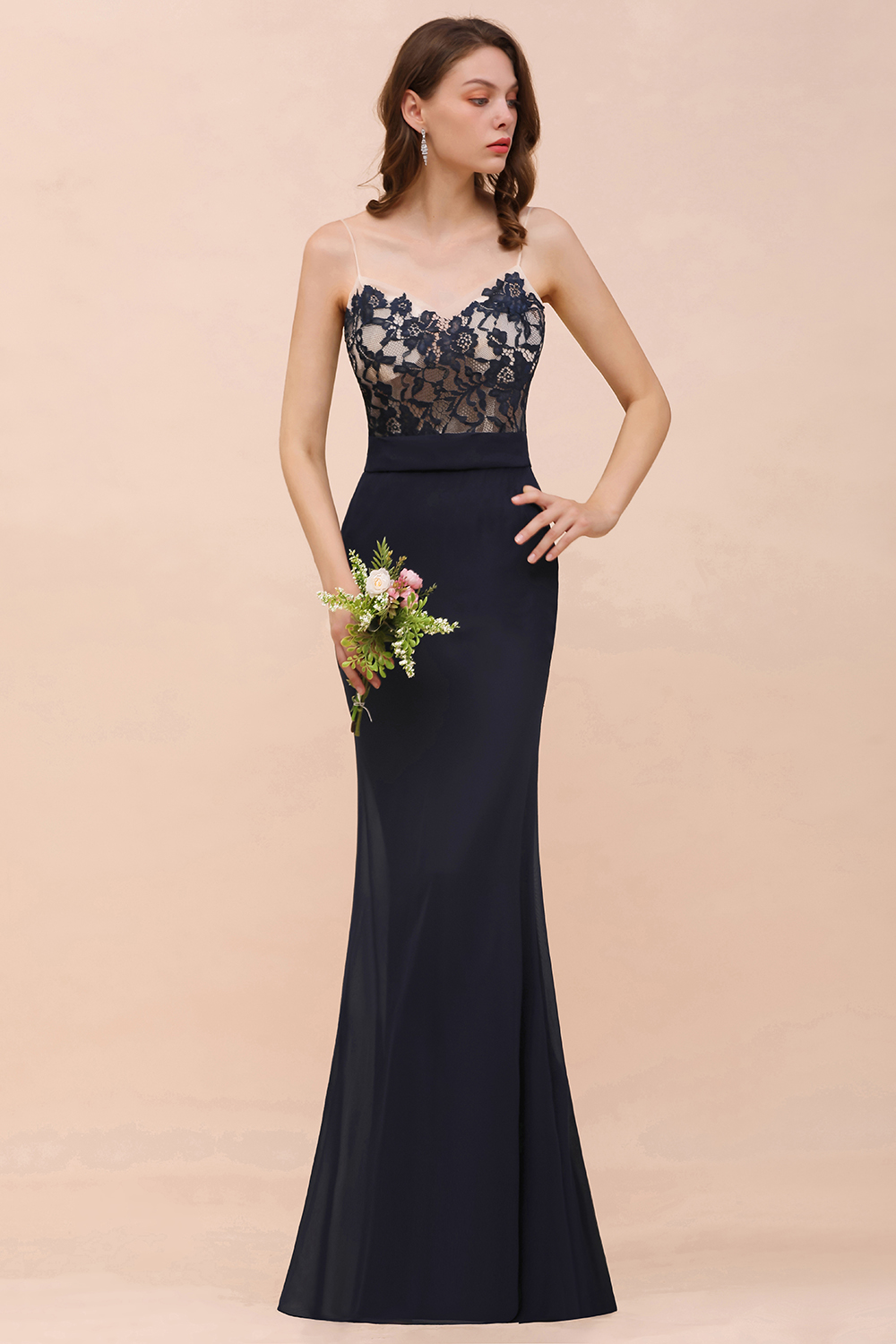 Chic Long Mermaid Spaghetti Straps Chiffon Dark Navy Bridesmaid Dress