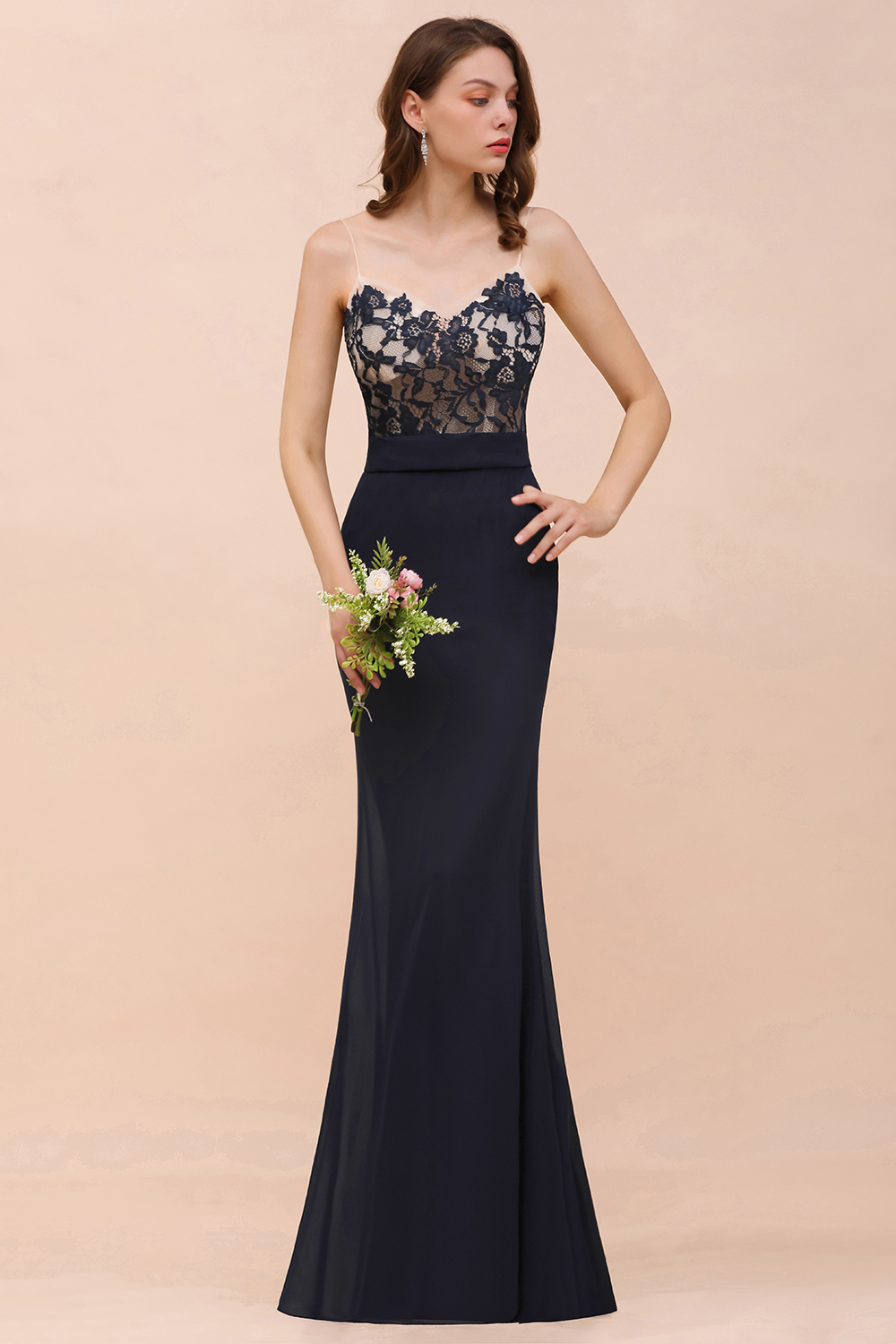 Chic Long Mermaid Spaghetti Straps Chiffon Dark Navy Bridesmaid Dress