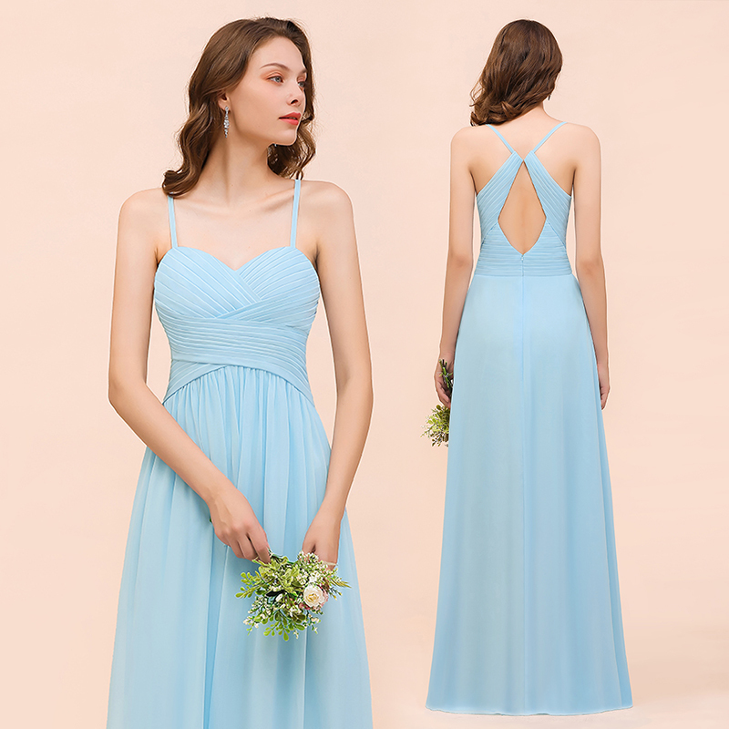 Chic Long Sweetheart Spaghetti Straps Sky Blue Chiffon Bridesmaid Dress with Ruffle