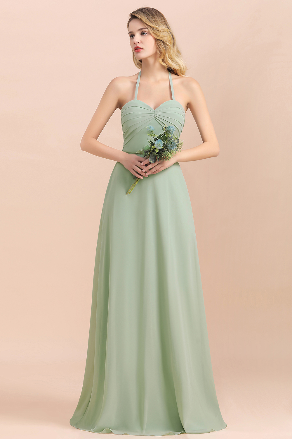 Chic Sage A-Line Halter Bridesmaid Dress Sweetheart Chiffon Wedding Guest Dress