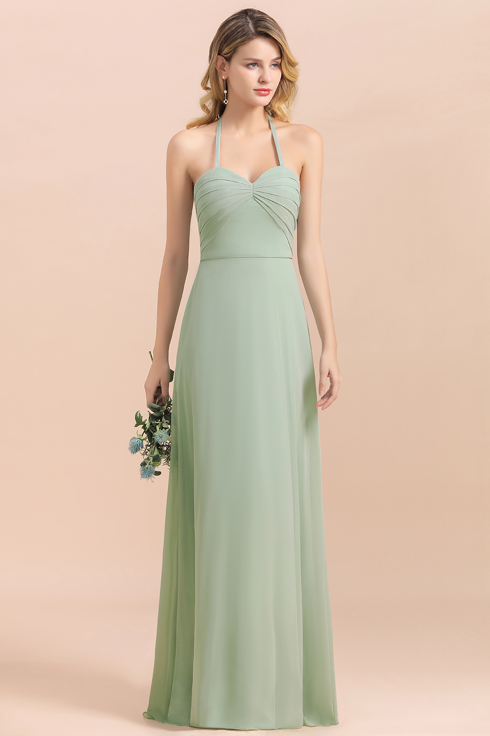 Chic Sage A-Line Halter Bridesmaid Dress Sweetheart Chiffon Wedding Guest Dress