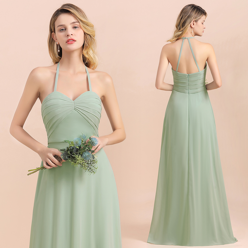 Chic Sage A-Line Halter Bridesmaid Dress Sweetheart Chiffon Wedding Guest Dress