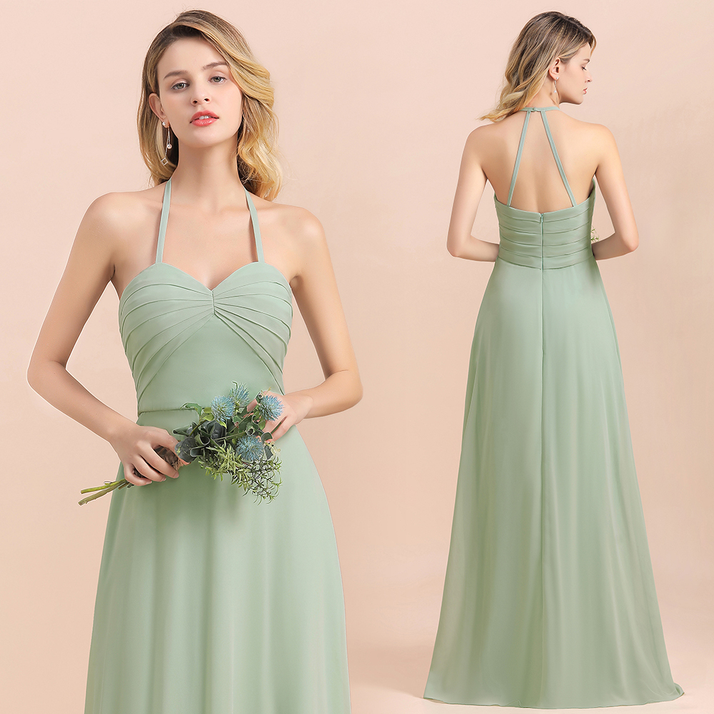 Chic Sage A-Line Halter Bridesmaid Dress Sweetheart Chiffon Wedding Guest Dress