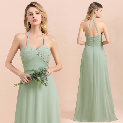 Chic Sage A-Line Halter Bridesmaid Dress Sweetheart Chiffon Wedding Guest Dress