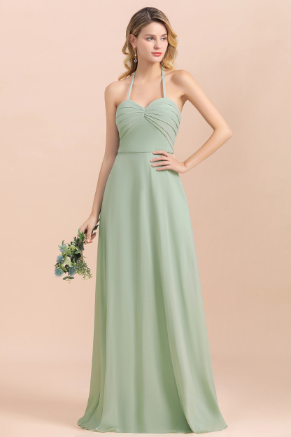 Chic Sage A-Line Halter Bridesmaid Dress Sweetheart Chiffon Wedding Guest Dress