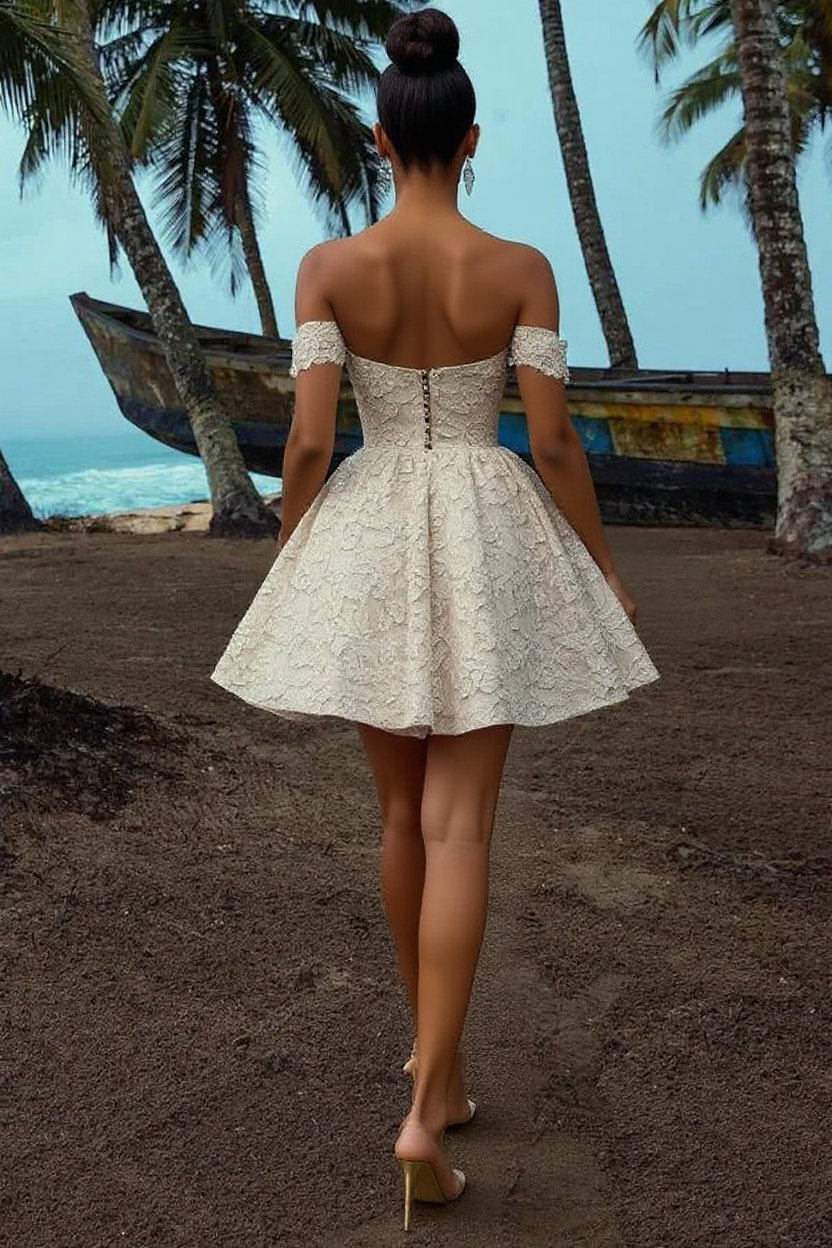 Chic Short A-line Off the shoulder Lace Wedding Dress