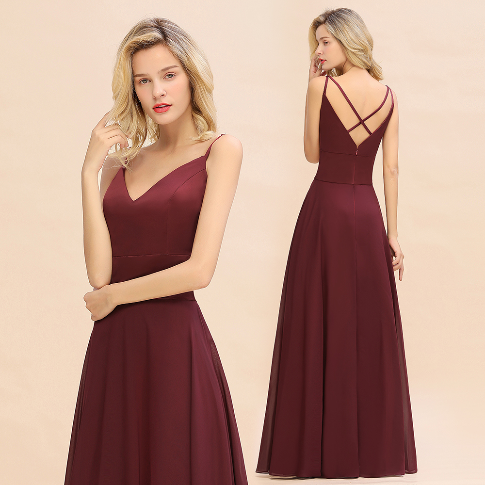 Classy A-line Floor-length Spaghetti Straps V-neck Chiffon Bridesmaid Dress