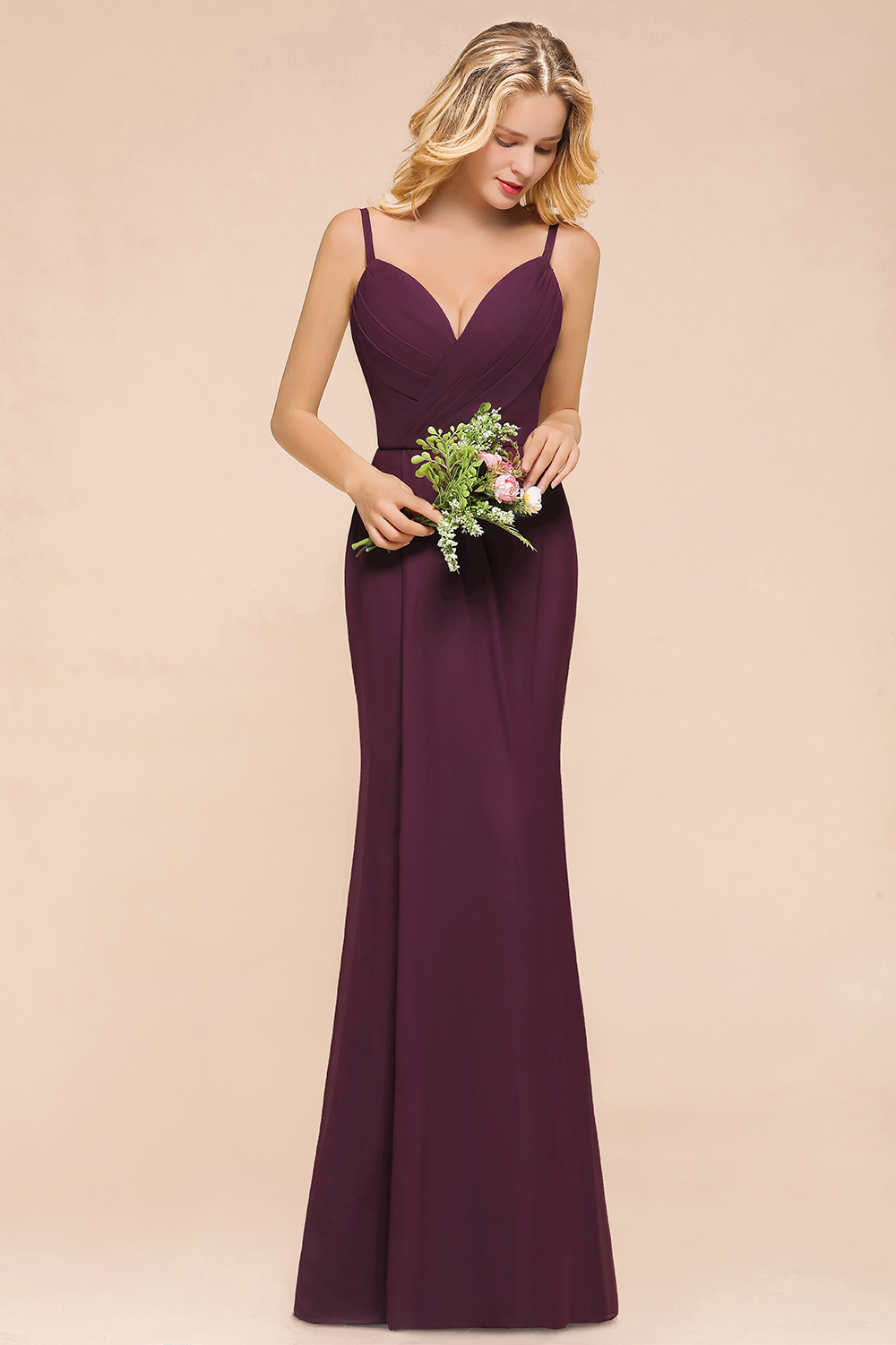 Classy Chiffon Spaghetti Straps V-neck Mermaid Bridesmaid Dress With Ruched