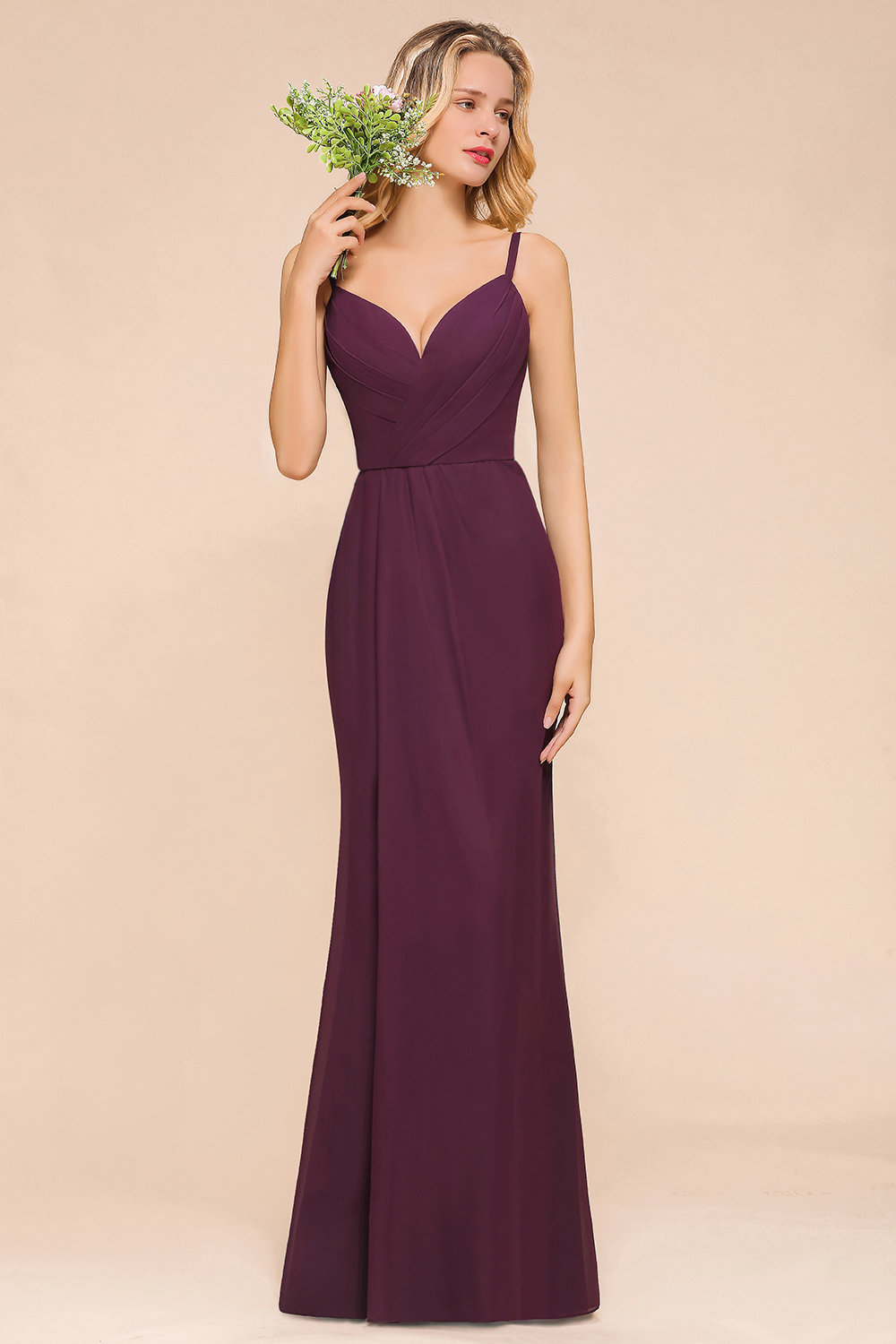 Classy Chiffon Spaghetti Straps V-neck Mermaid Bridesmaid Dress With Ruched