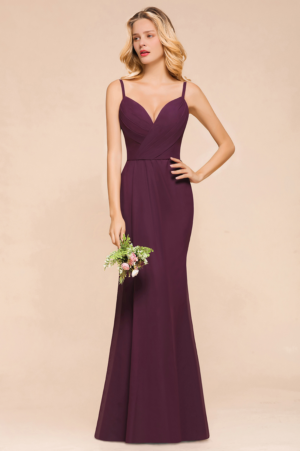 Classy Chiffon Spaghetti Straps V-neck Mermaid Bridesmaid Dress With Ruched