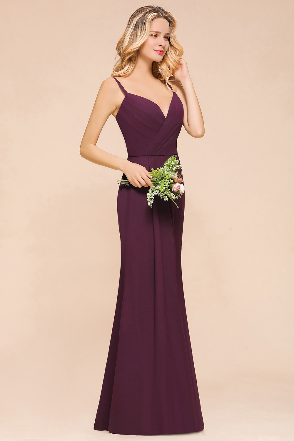 Classy Chiffon Spaghetti Straps V-neck Mermaid Bridesmaid Dress With Ruched