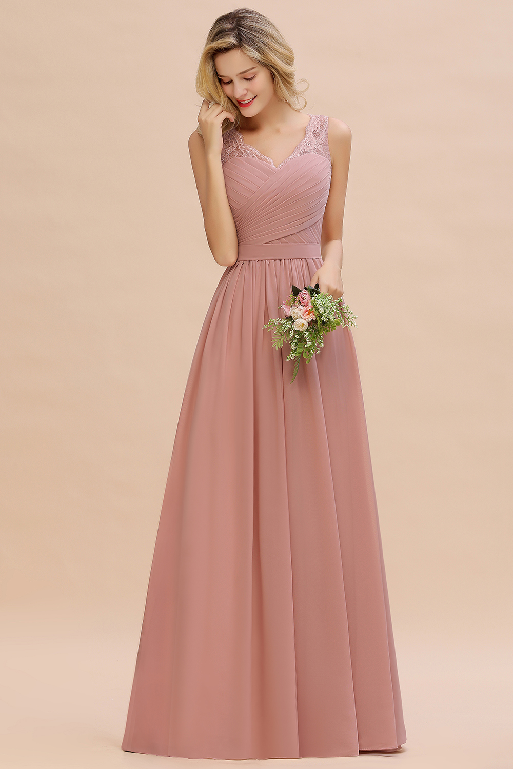 Classy Wide Straps V-neck A-line Floor-length Ruched Chiffon Bridesmaid Dress