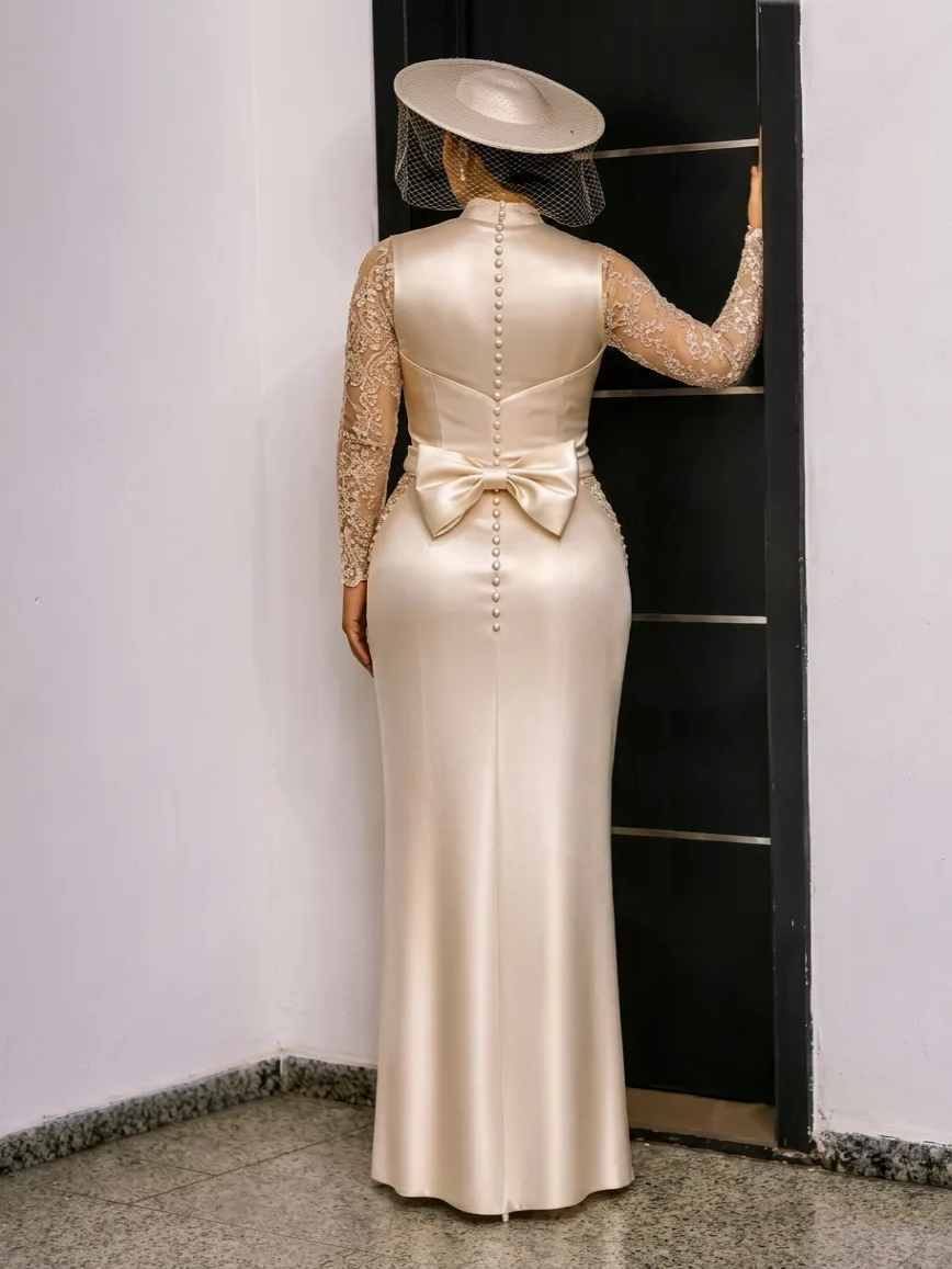 Champagne Mother of The Bride Dress Mermaid Satin Gown with Lace Sleeves and Pearl Details
