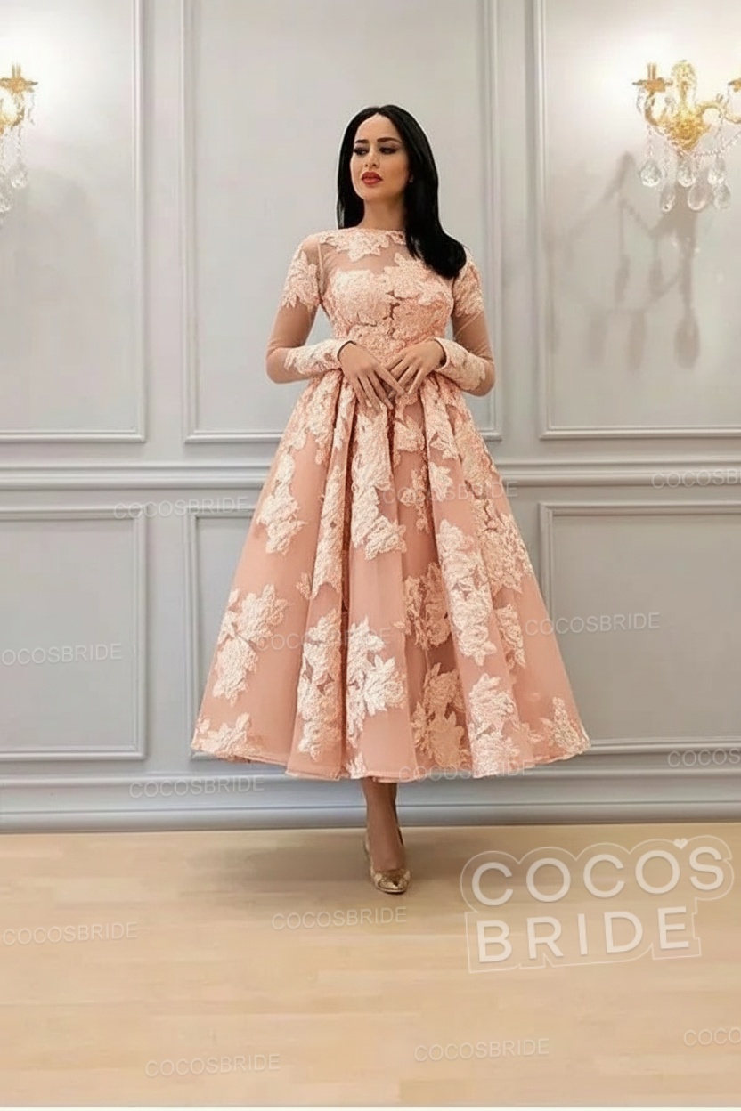 Elegant Short A-line High Neck Lace Ankle Length Formal Evening Dress with Sleeves