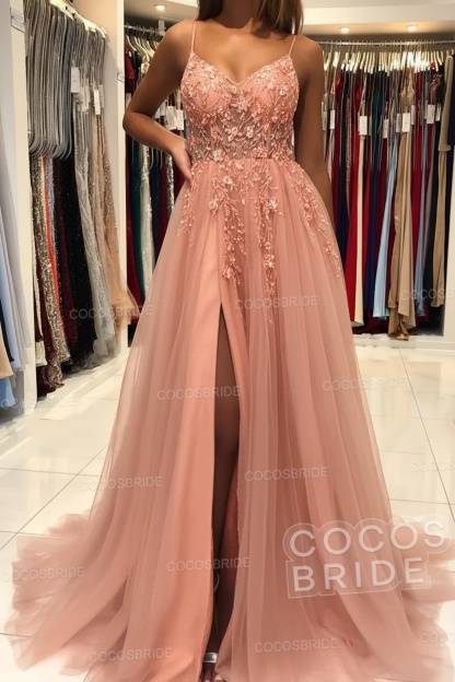 Long A-line V-neck Spaghetti Straps Open Back Prom Dress with Slit