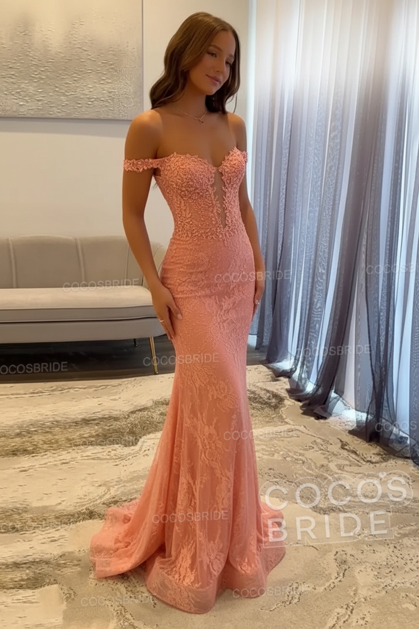 Dark Navy Long Mermaid Off the Shoulder Lace Prom Dress