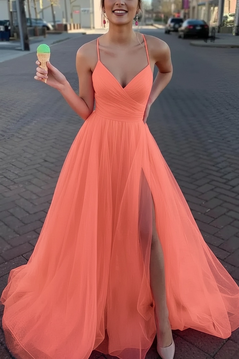 Long Spaghetti Straps V-neck A-Line Tulle Prom Dress With Side Slit