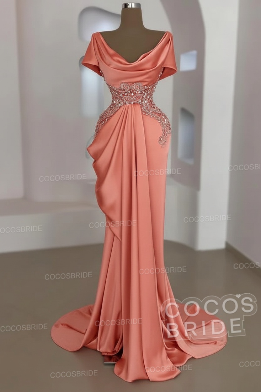 Mermaid Cowl Neck Satin Long Prom Dresses with Short Sleeves