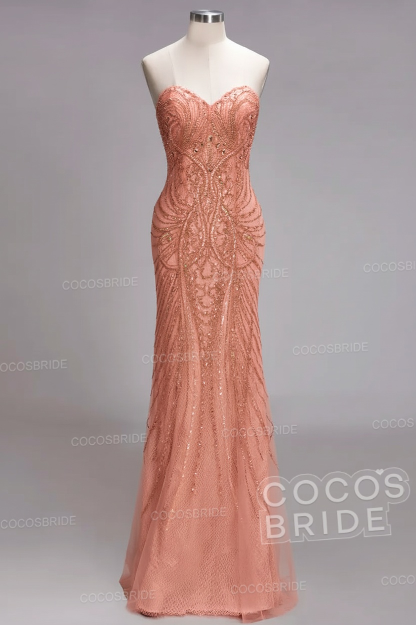 Mermaid Strapless Sweetheart Long Sequined Formal Evening Dresses with Beads