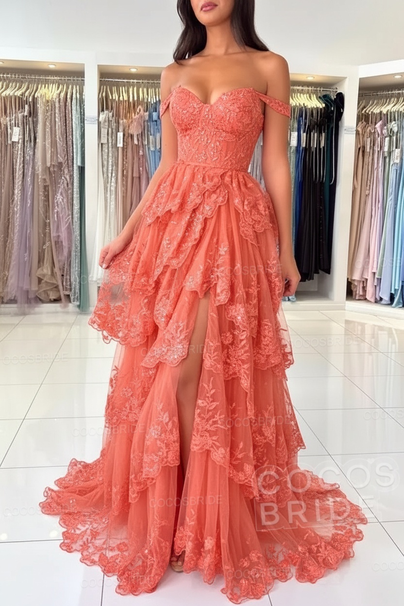 Off The Shoulder Sweetheart Lace A-Line Long Prom Dress with Slit