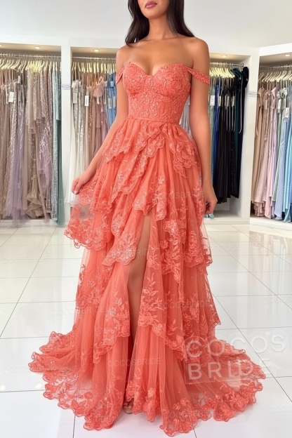 Off The Shoulder Sweetheart Lace A-Line Long Prom Dress with Slit