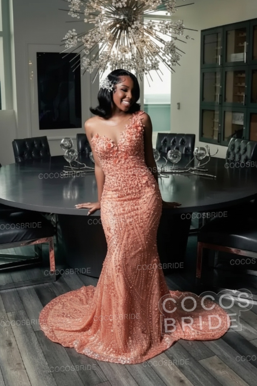 One Shoulder Sleeveless Mermaid Prom Dress with Beaded