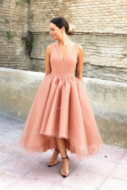 Simple Black V-neck Sleeveless Asymmetrical A-Line Prom Dresses