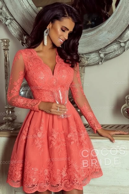 Elegant Short A-line V-neck Tulle Lace Homecoming Dresses with Sleeves