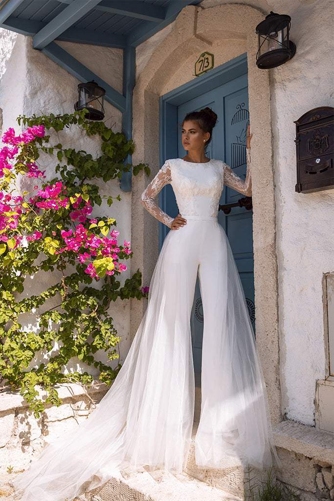 Crew Neck Long Sleeves Jumpsuit Wedding Dress 
