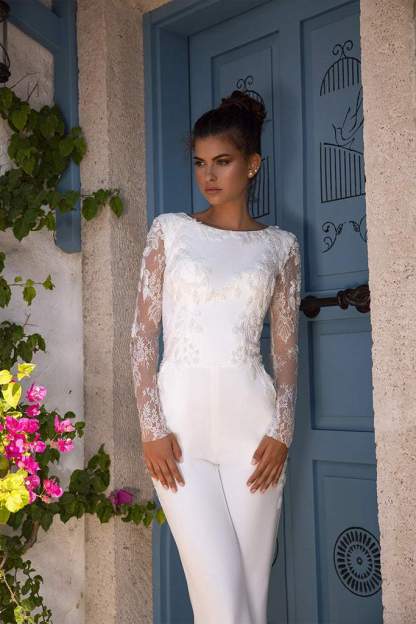 Crew Neck Long Sleeves Jumpsuit Wedding Dress 