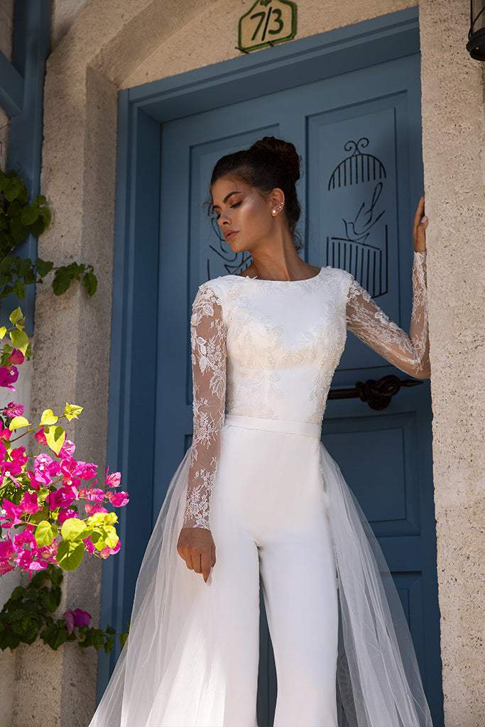 Crew Neck Long Sleeves Jumpsuit Wedding Dress 