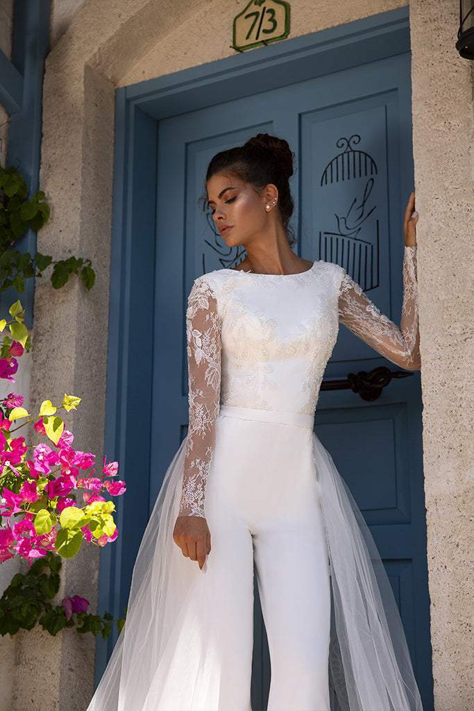 Crew Neck Long Sleeves Jumpsuit Wedding Dress 